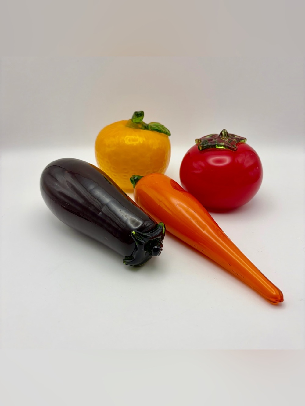 Blown Decorative Glass Fruit/Vegetable Set Orange, Tomato, Eggplant, Carrot